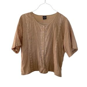 Tan Cotton Embroidered Button Up Shirt Women XXL Short Sleeve Lightweight Blouse
